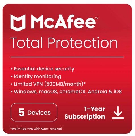 McAfee Total Protection 5 Devices 1-Year Subscription - DIGITAL DOWNLOAD